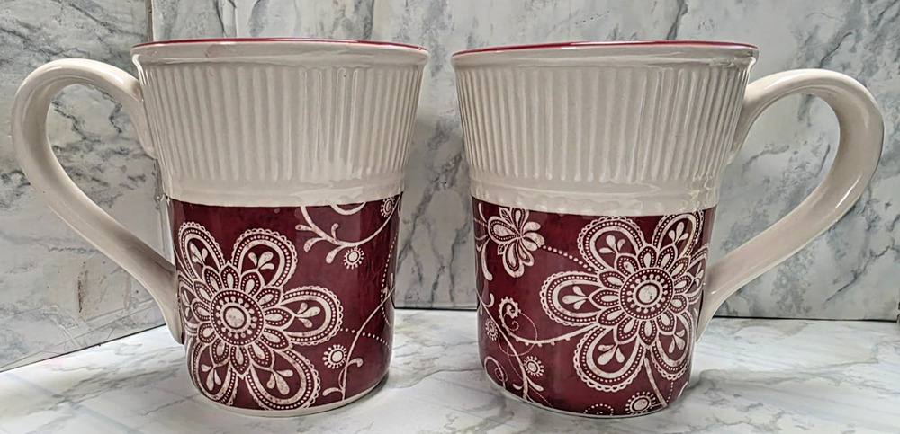 Pier 1 Imports Ironstone 'Maribeth', Red/White Flower, Set of 2, Coffee/Tea Mug